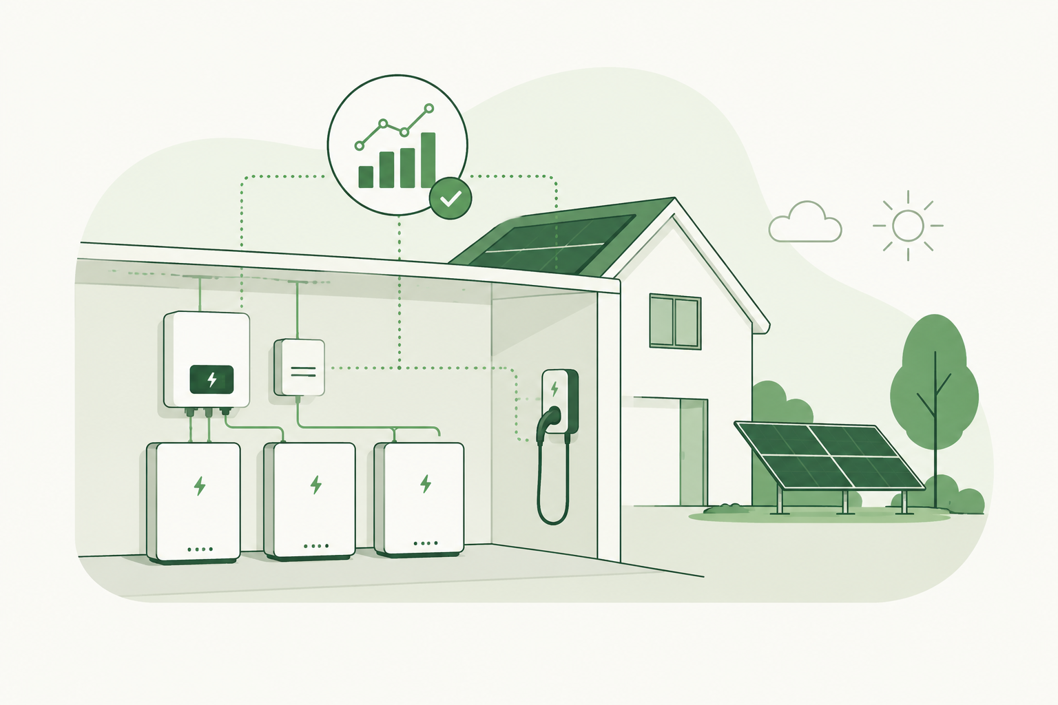 Illustratie van thuisbatterij, zonnepanelen en laadpaal bij een woning